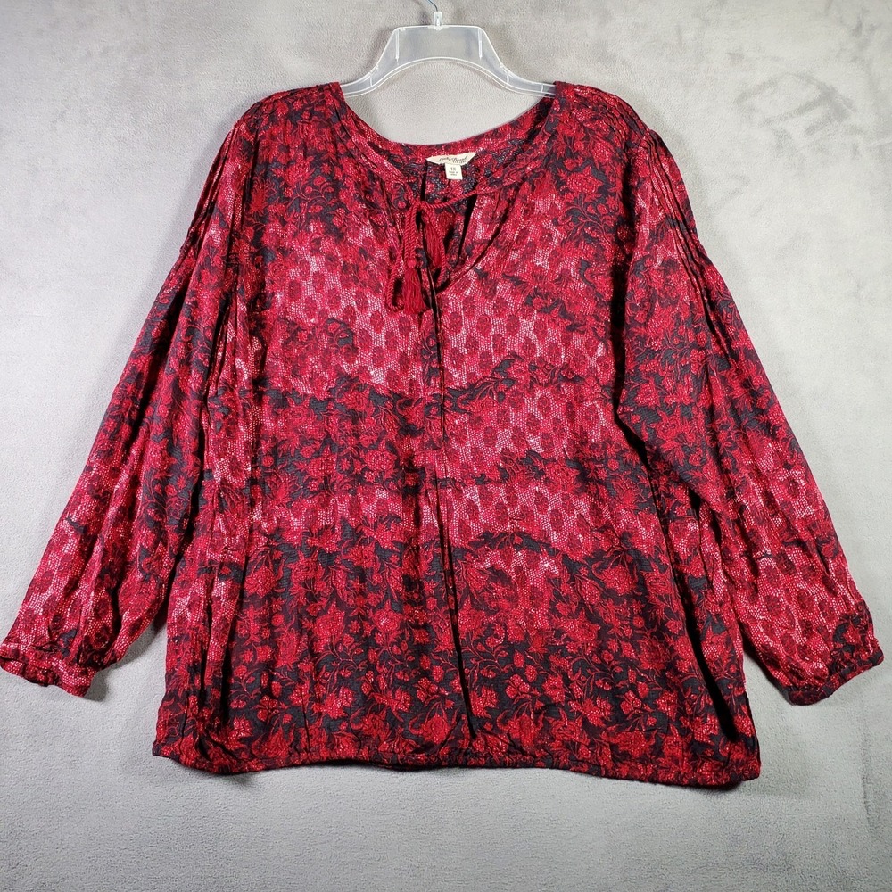 Lucky Brand Blouse Womens 1X Red Black Floral Boho Peasant Goth Cottagecore Folk - Picture 2 of 7